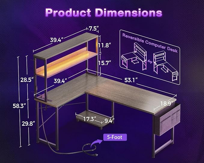 ODK 53 Inch L Shaped Desk with LED Lighting, Reversible Gaming Desk with Power - Image 3