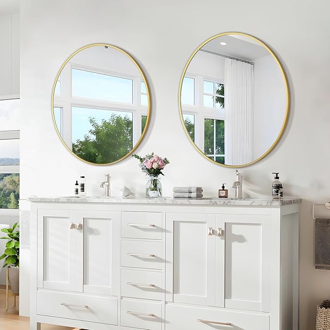 Round Mirror 24 Inch Gold Round Bathroom Mirror Wall Mirror Brushed Metal Frame - Image 2