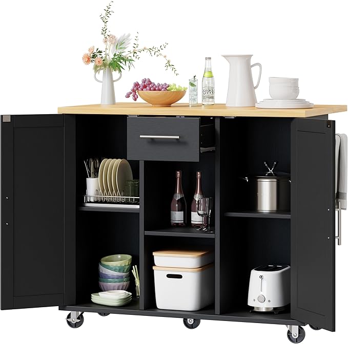 Shintenchi Kitchen Island with Storage, Bar Cart Cabinet Island Table on Wheels - Image 7