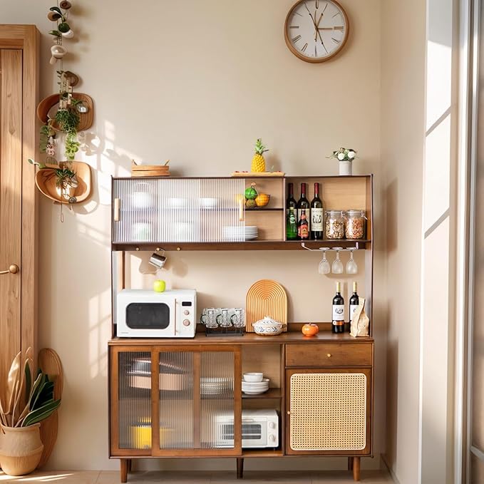 Tiita Kitchen Hutch with Countertop, 69” Rattan Solid Wood Pantry Cabinet with - Image 4