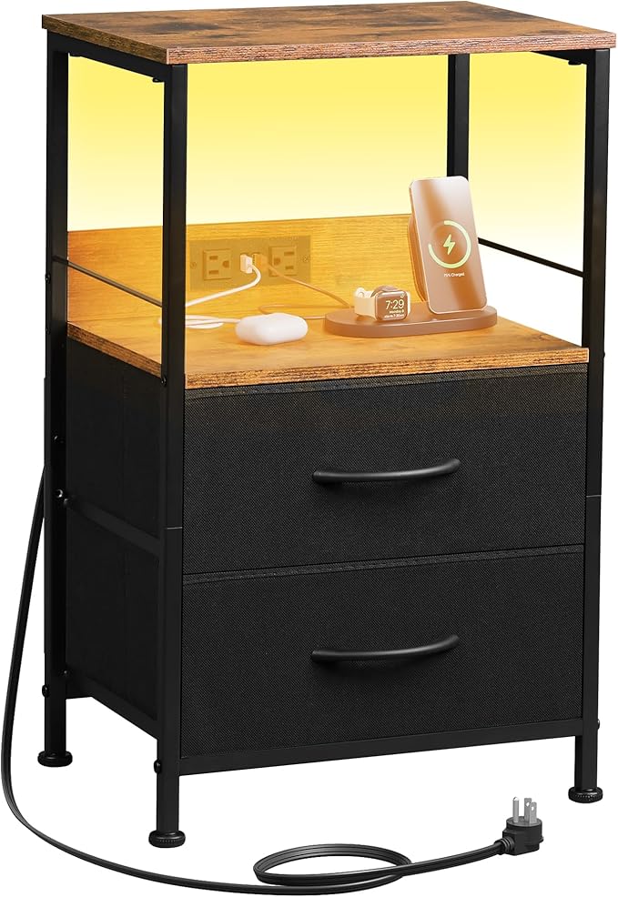 WLIVE Nightstand with Charging Station, LED Night Stand with 2 Fabric Drawers by WLIVE