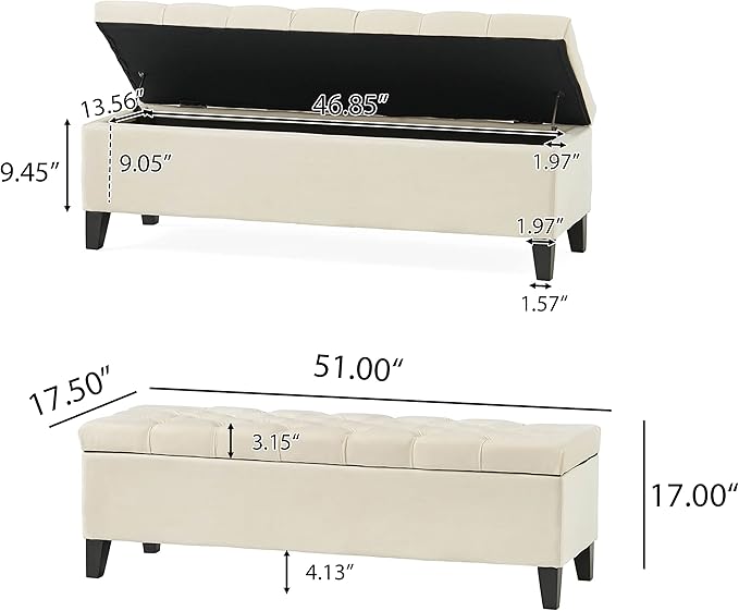 Christopher Knight Home Ottilie Velvet Storage Ottoman, Ivory 17.5”D x 51.0”W x - Image 3