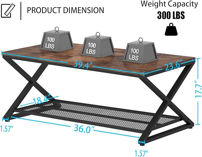 LVB Rustic Coffee Table, Industrial Metal Wood 2 Tier Cocktail Tea Table - Image 2