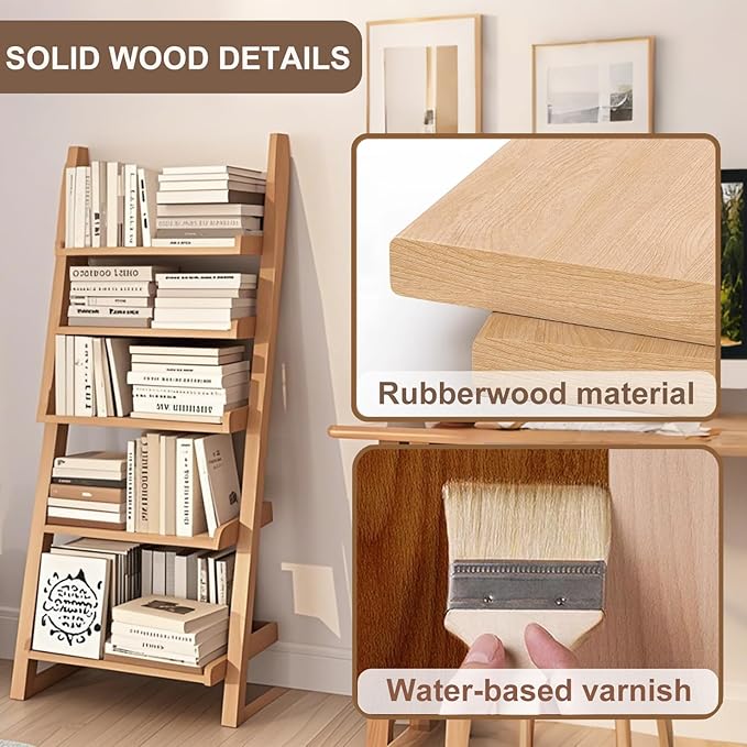 5-Tier Ladder Bookshelf, H 55" Leaning Bookshelf Storage Rack Organizer - Image 4