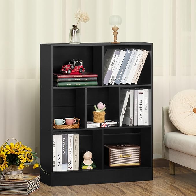 YAHARBO Black 7 Cube Bookshelf, 3 Tier Modern Horizontal Bookcase, Wooden Low - Image 3