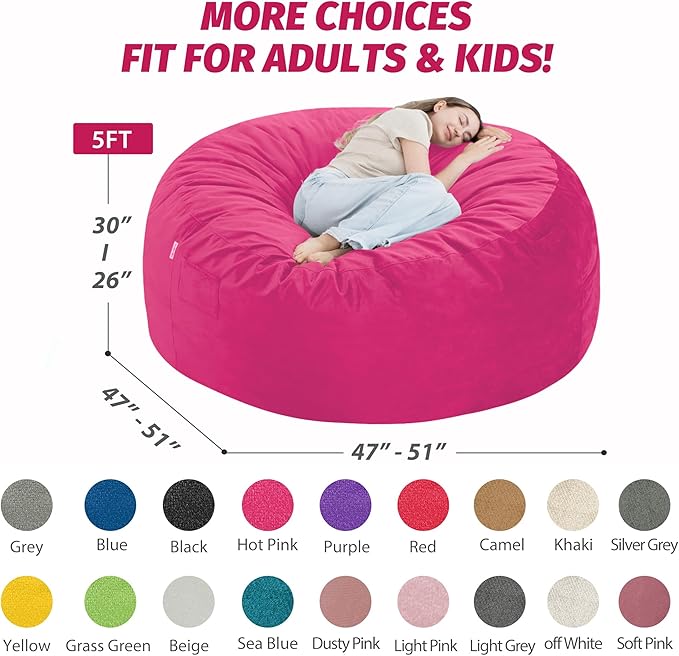 5FT Bean Bag Chair with Ultra Soft Velvet Cover Bean Bag Sofa with Memory Foam - Image 3