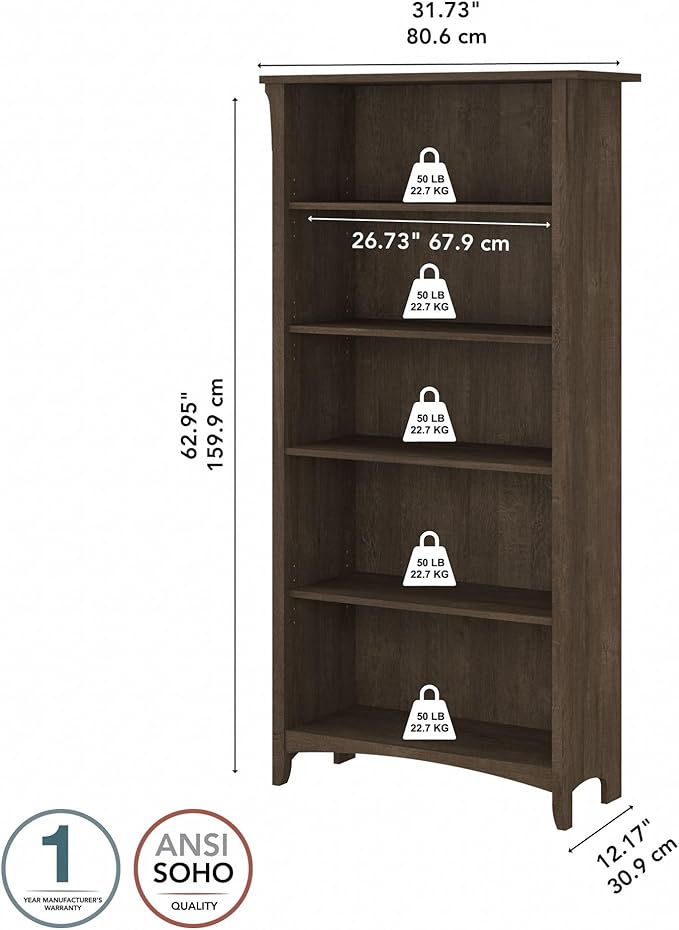 Bush Furniture Salinas 5 Shelf Bookcase in Ash Brown, Tall Bookshelf, Large - Image 3