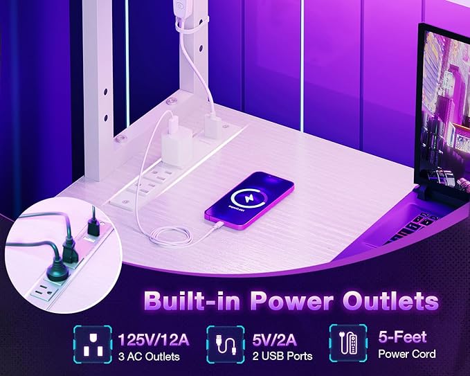 ODK 53 Inch L Shaped Desk with LED Lighting, Reversible Gaming Desk with Power - Image 5