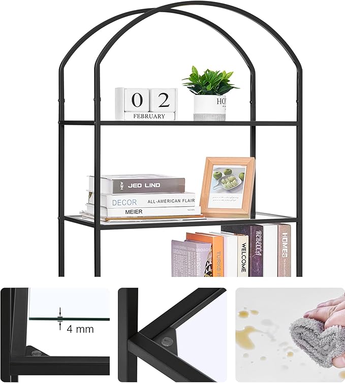 Homhedy Bookshelf Arched Display Racks, Metal Bookcase, Tempered Glass Shelves - Image 4