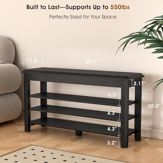 Shoe Rack Bench Seat Rubberwood 3-Tier Wooden Storage Bench 550lbs Compact - Image 2