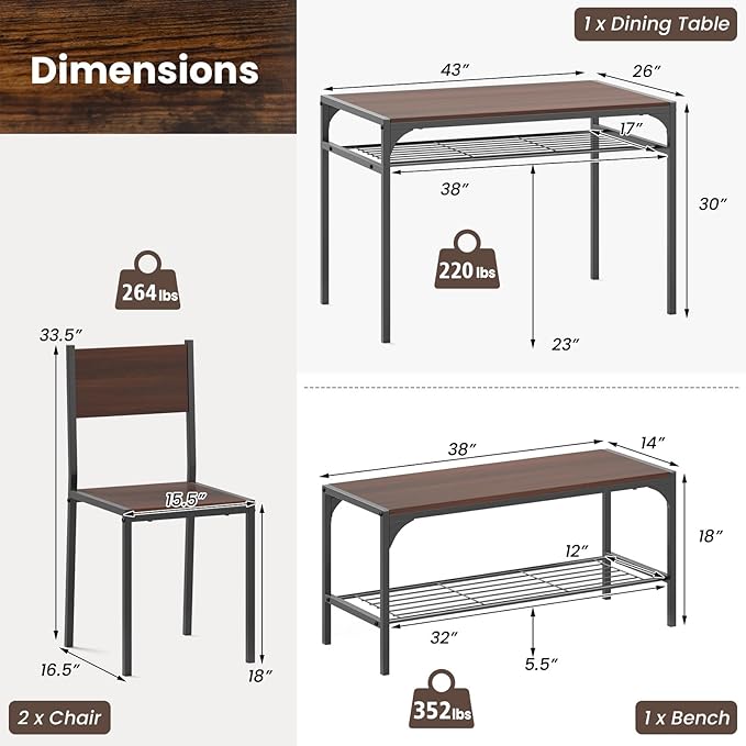 Tangkula Dining Table Set for 4, Kitchen Table and 2 Chairs for 4 - Image 7