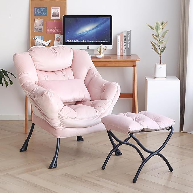 Lazy Chair with Ottoman, Modern Accent Chair with Lumbar Pillow, Comfy Chairs by DreamNookCozyLivingThoughtfulDesign