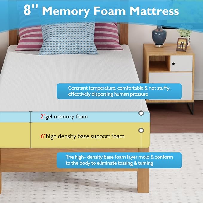FDW | 8 Inch Twin XL Mattress | Medium Firm | Gel Memory Foam Mattress | White - Image 2