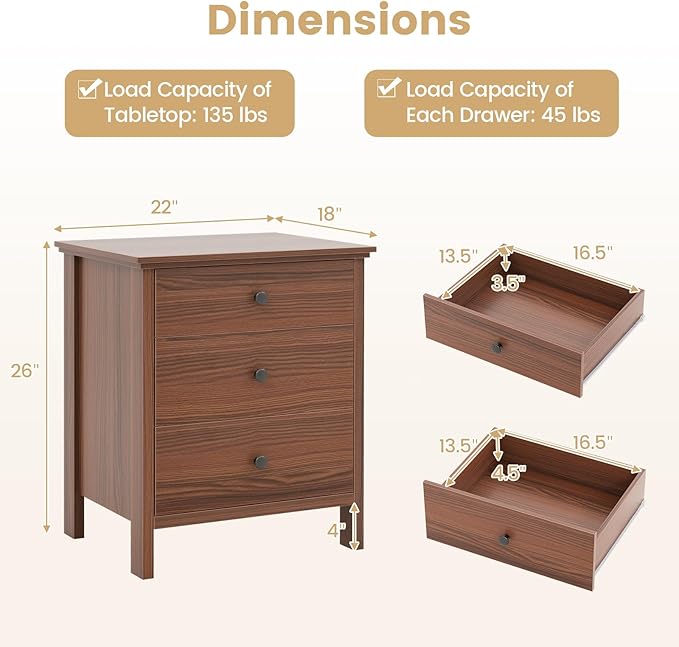 KOMFOTT 3 Drawers Nightstand, Wooden Bedside Table, Modern Sofa Side End Table - Image 3