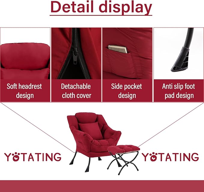 Lazy Chair with Ottoman, Comfy Reading Lounge Chair with Footstool & Throw - Image 4