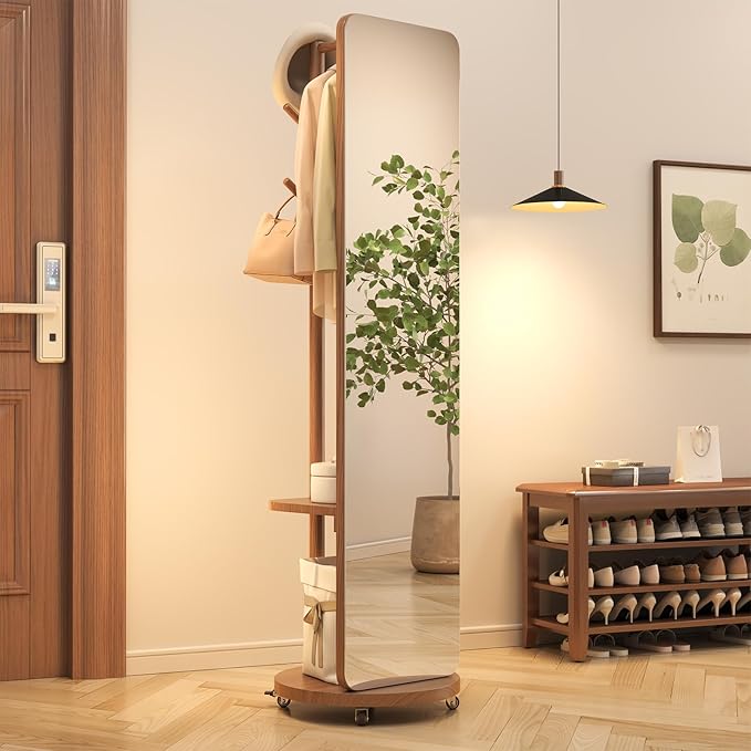70"x16"Full Length Mirror with Stand, Coat Rack with Mirror, Solid Wood Floor by Unknown