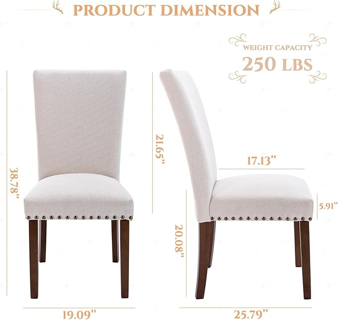 Set of 4 Beige Upholstered Dining Chairs, Farmhouse Kitchen Chairs - Image 2