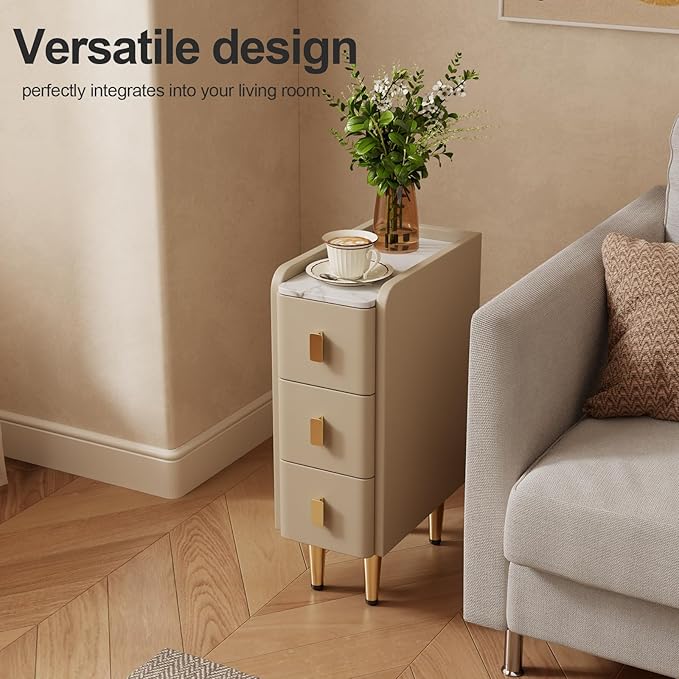 Narrow Nightstand with Drawers, Narrow Side Table Leather, Small Bedside Tables - Image 5