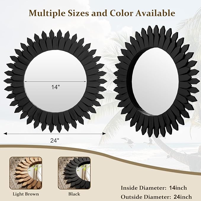 24 Inch Black Boho Wall Decor Sunburst Mirror - Image 7