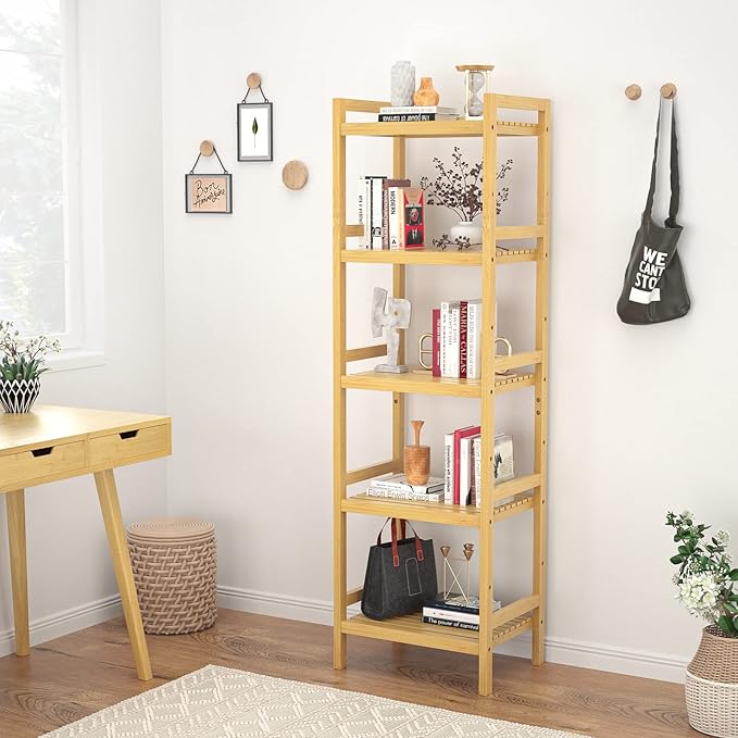 Homykic Bamboo Bookshelf, 5-Tier Narrow 55.9” Adjustable Book Shelf Bookcase - Image 4