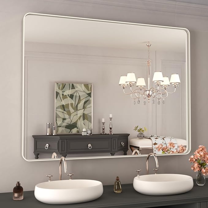 WEER 40X30 Inch Brushed Nickel Bathroom Mirror, Brushed Silver Metal Frame by WEER