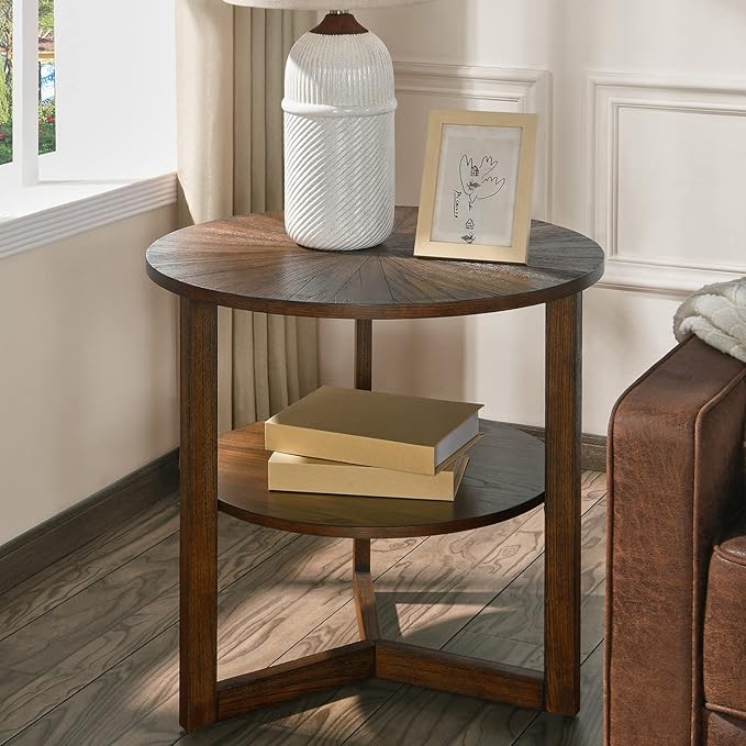 Large Round End Table with Storage Shelf, 25.2" Dia Rustic Beside Tables with by MODERION-YourHomeSoulMate