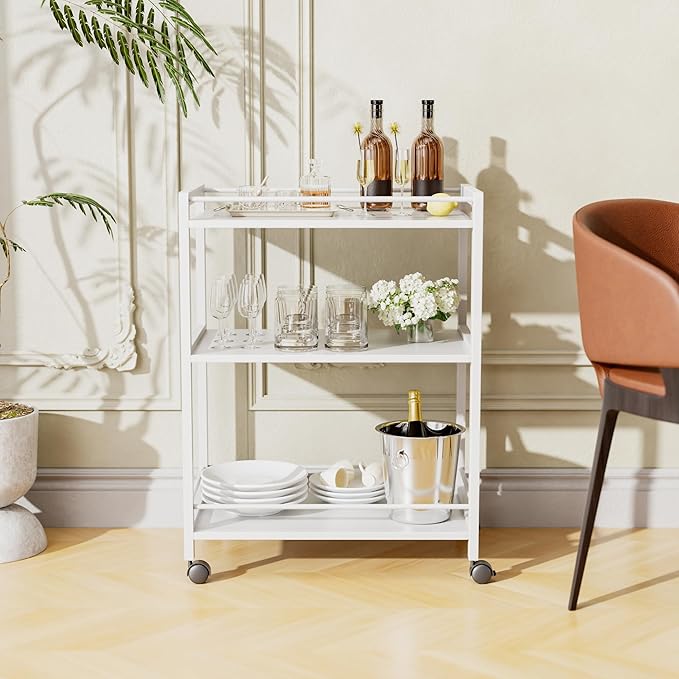 HITNET White Bar Cart, Home Bar Serving Cart, Kitchen Trolley on Wheels - Image 4