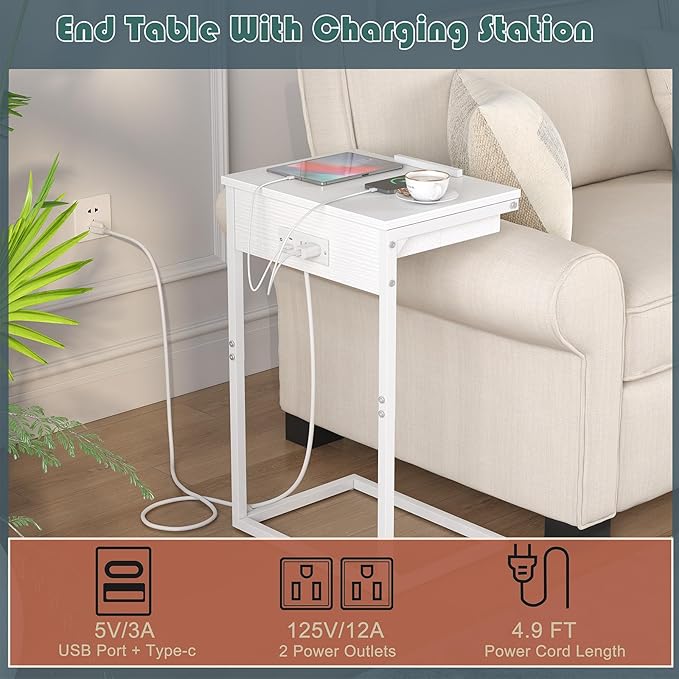 C Shaped End Table with Charging Station, 45° Tiltable Adjustable Flip Top Side - Image 5