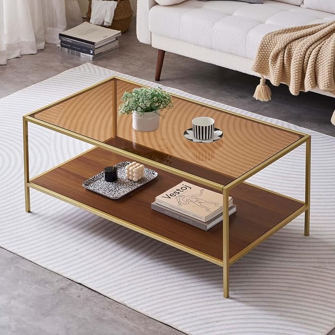 Glass Coffee Table for Living Room and Bedroom, 2-Tier Mid-Century Modern Table by LumFurn