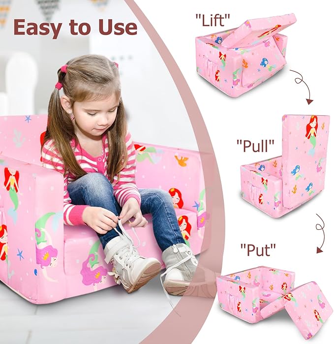 Kids Couch, 2-in-1 Kids Fold Out Sofa, Convertible Toddler Couch to Lounger - Image 6