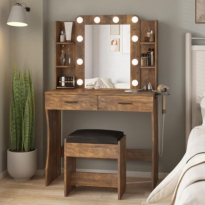 Vabches Vanity Desk with Lights, Makeup Vanity with Power Strip, Dressing Table by Vabches