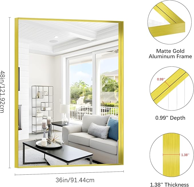 Gold Bathroom Mirror, 36x48 Inch Rectangular Framed Mirror, Large Wall Mounted - Image 3