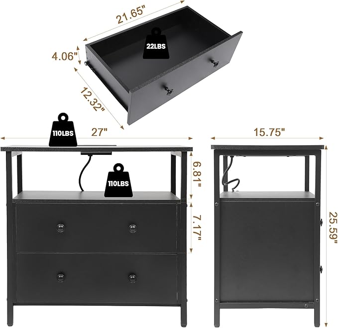 27 inch Wide Nightstand with Charging Station, Bedside Table with Open Shelf - Image 3