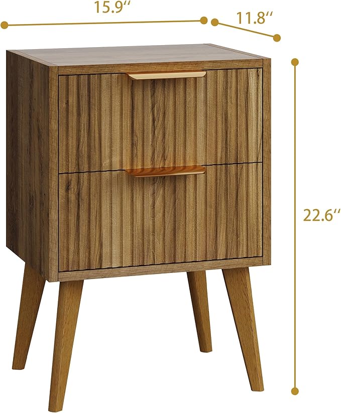 Fluted Nightstand with 2 Drawers, Modern Bedside Table with Metal Handles - Image 3