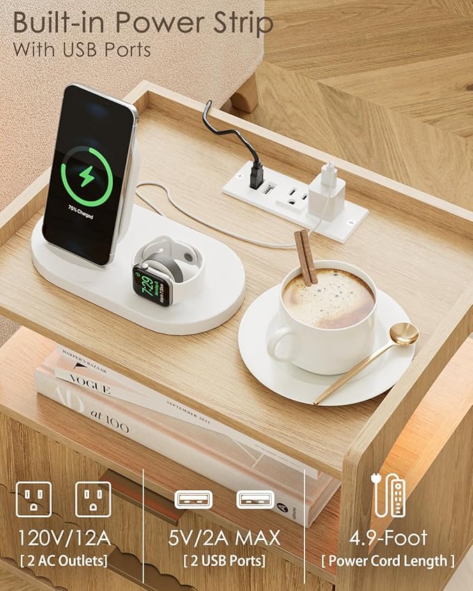 Nightstand with Charging Station and LED Lights, Modern Bedside Table with - Image 5
