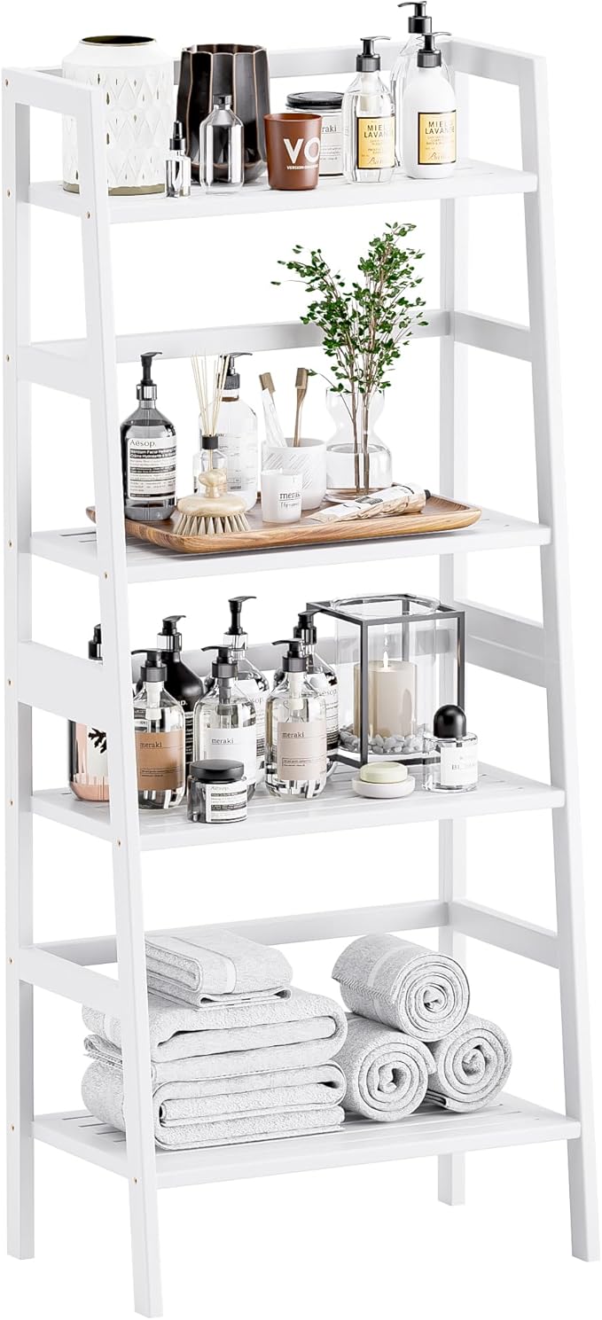 HITNET White Ladder Bookshelf, Leaning Bookcase, 4-Tier Bamboo Shelf, Floor by HITNET