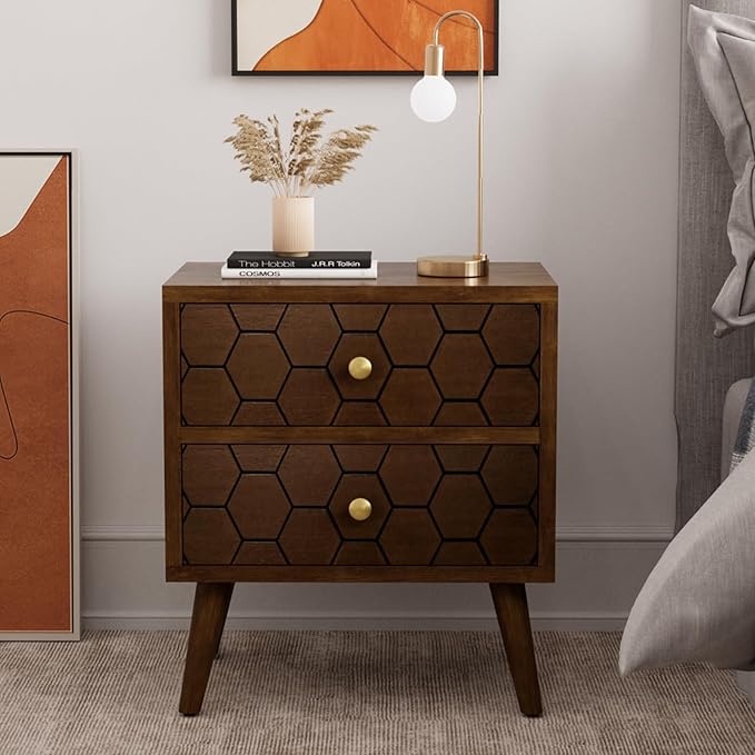 COSIEST Modern End Table w Honeycomb Pattern, Mid-Century Nightstand w Storage by COSIEST