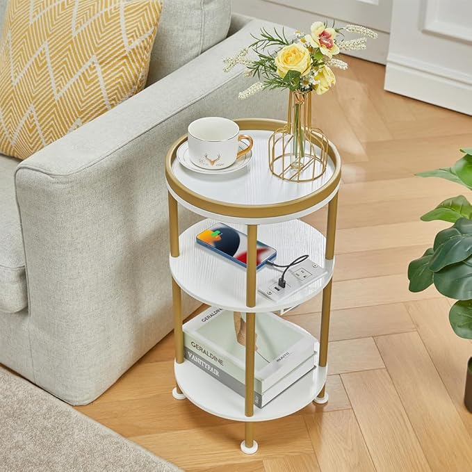 Small Round End Table with Charging Station, 3-Tier Accent Couch Beside Table - Image 2