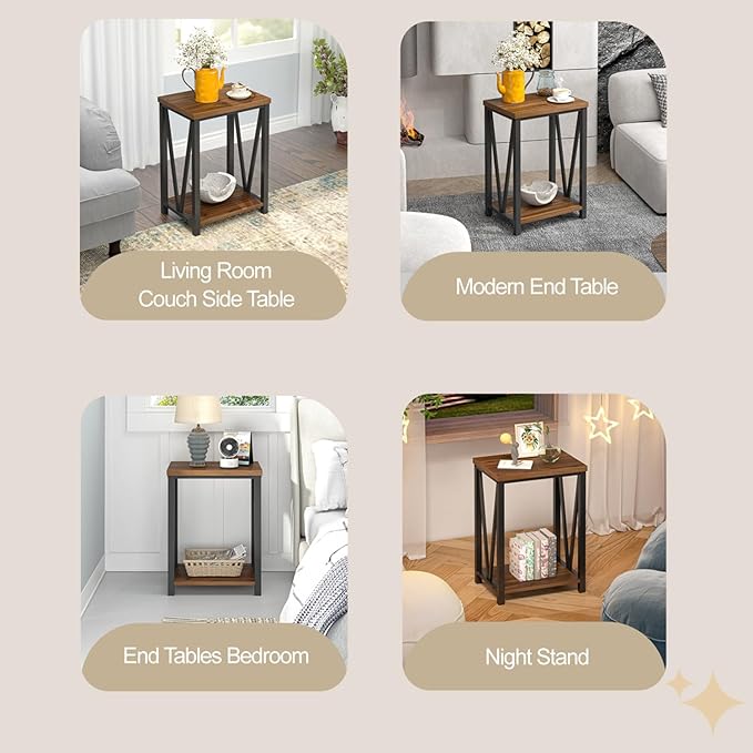 FOLUBAN Small End Table, Rustic Wood and Metal Side Table - Image 6