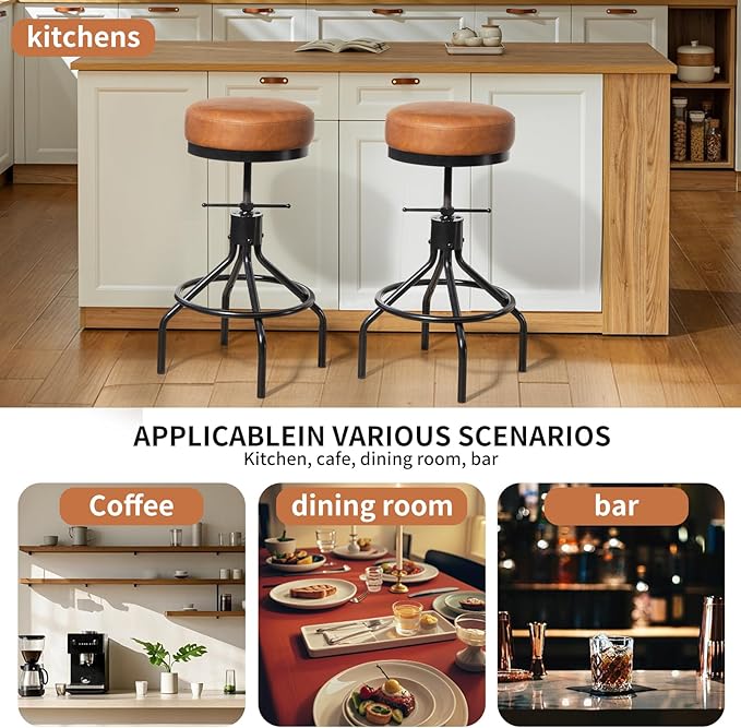 Industrial Bar Stools Adjustable Swivel Round Barstools Modern PU Leather - Image 4