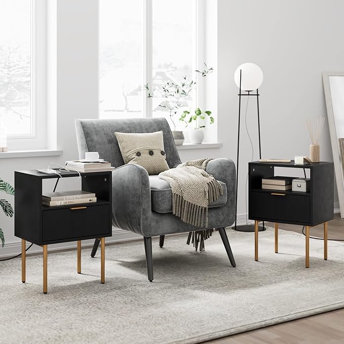 Masupu Nightstand with Charging Station, Mid-Century Modern Bedside Table with - Image 5