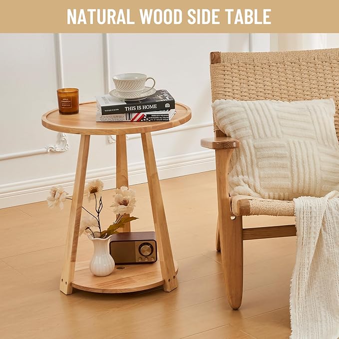 Uniclinens Round End Table, Solid Wood Round Side Coffee Table, Small Bedside - Image 3