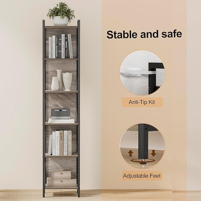 Homhedy 6 Tier Bookshelf Bookcase, Tall Narrow Bookshelf - Image 5