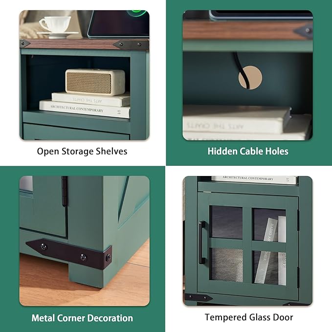 Farmhouse Nightstand with Charging Station, Rustic End Table with Tempered - Image 5