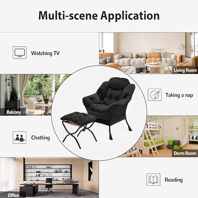 Lazy Chair with Folding Ottoman, Accent Chair Velvet Upholstered with Metal - Image 8