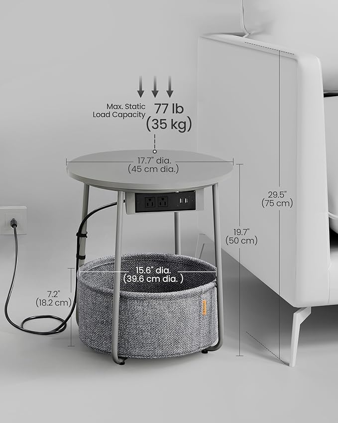 VASAGLE Side Table with Charging Station, Round End Table with Fabric Basket - Image 2