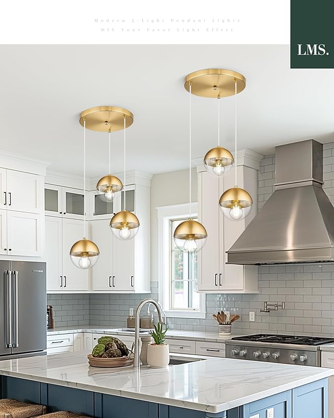 LMS Brushed Gold 3-Light Cluster Pendant Lights, Modern Dining Room Light - Image 2