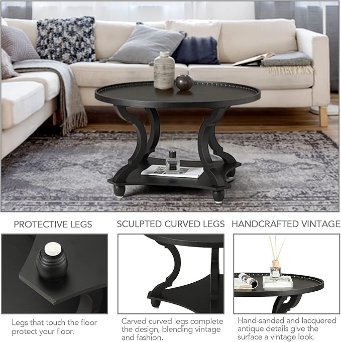 Wnutrees Farmhouse Round Coffee Table, Wood Tray Top Circle Coffee Table - Image 4