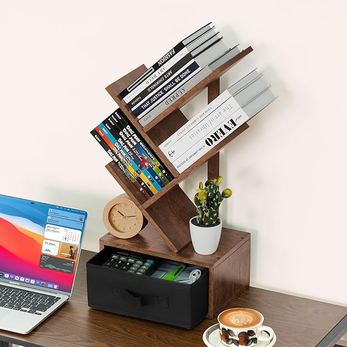 Small Bookshelf with Drawer, 4 Tier Tree Book Shelf, Wood Desk Bookshelves - Image 4