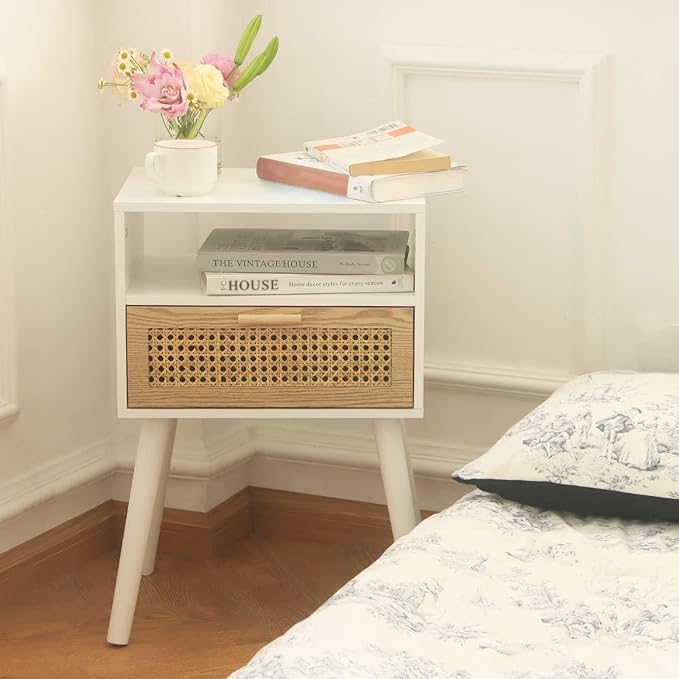 MaxSmeo White Nightstand with Drawer, Mid Century Modern Nightstand, Rattan - Image 8